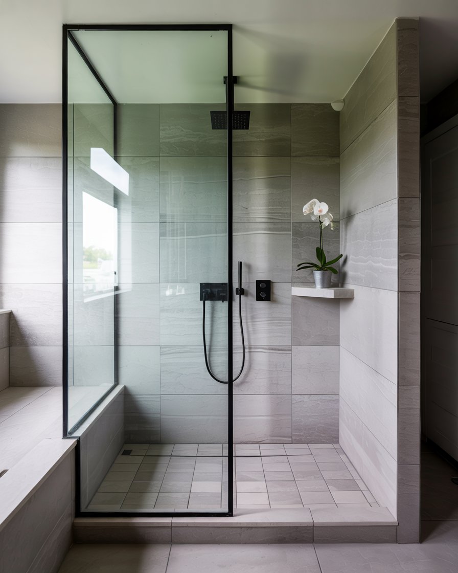 Walk-in shower with floating glass panel divider