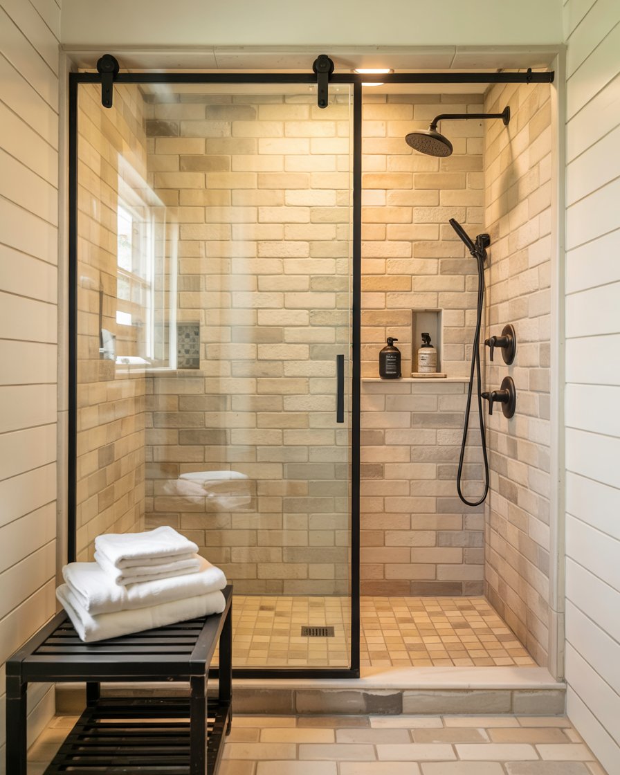 Walk-in shower with sliding barn style glass door