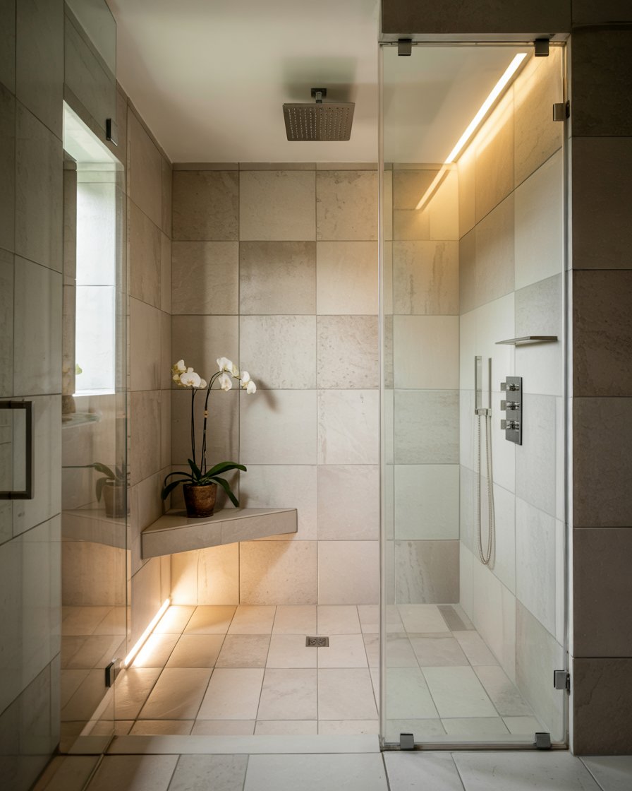 Walk-in shower with built-in LED lighting