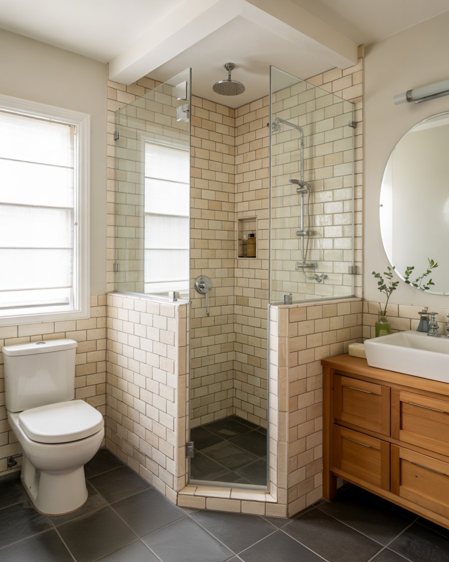 Walk-in shower with corner entry design