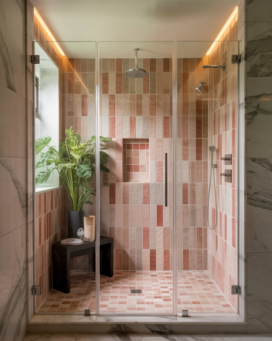 Walk-in shower with frameless glass pivot door