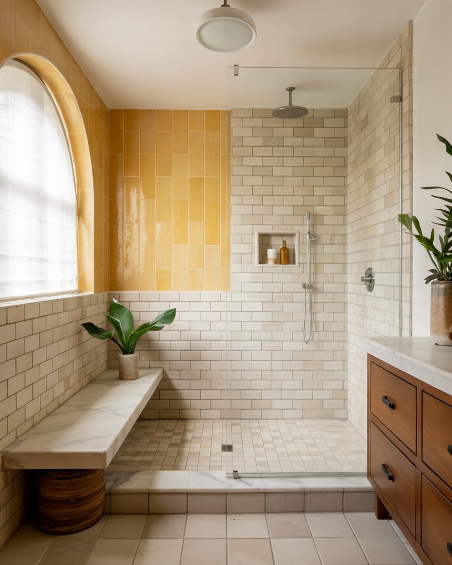 Walk-in shower with two-tone tile design