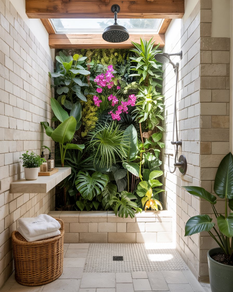 Walk-in shower with vertical garden wall
