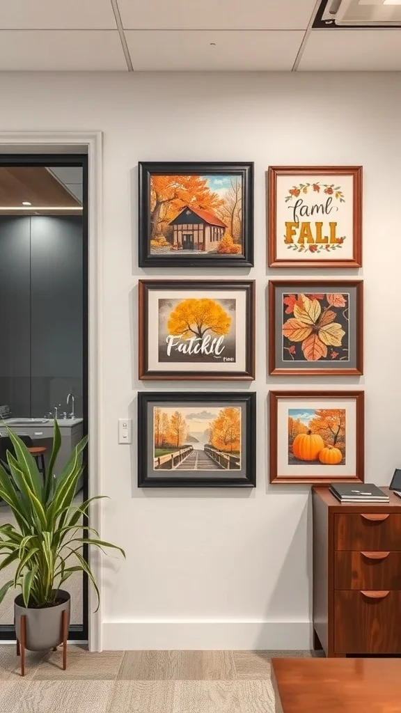 Office wall adorned with autumn-themed artwork featuring leaves and pumpkins