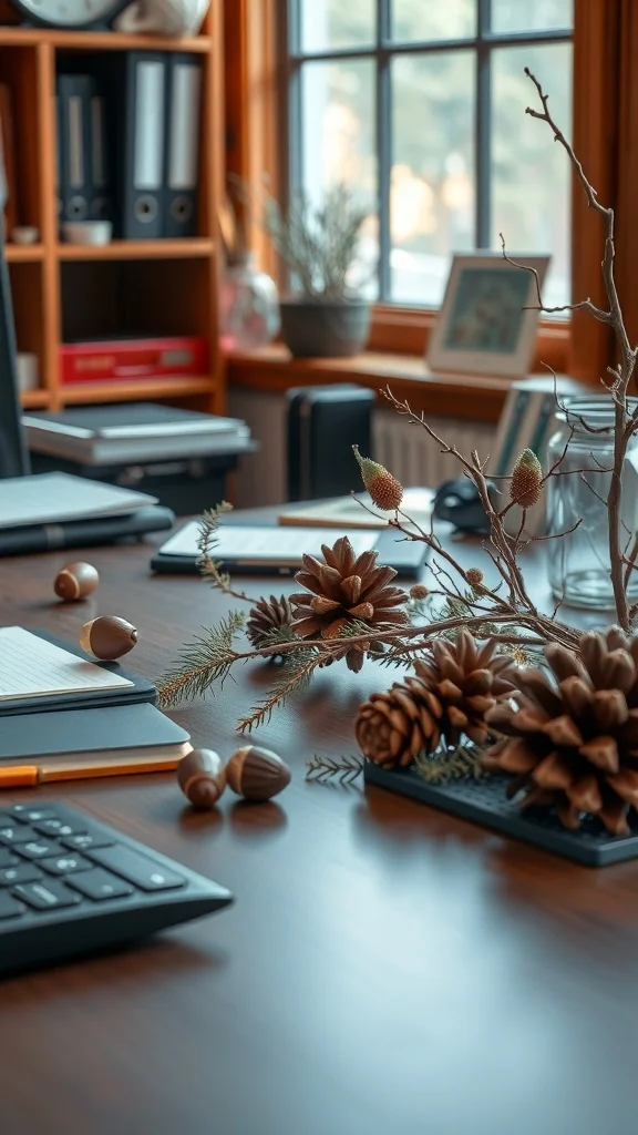 Office desk decorated with pinecones, acorns, and greenery for fall