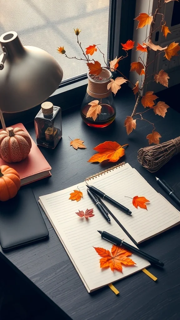Fall-themed office desk with pumpkins, leaves, and warm lighting