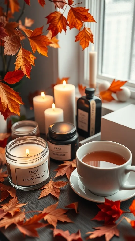 Fall office scene with aromatic candles, autumn leaves, and a warm beverage