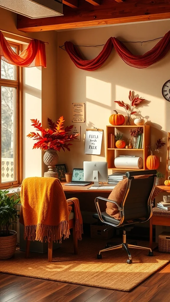 Office decorated with warm autumn colors, pumpkins, and leaves