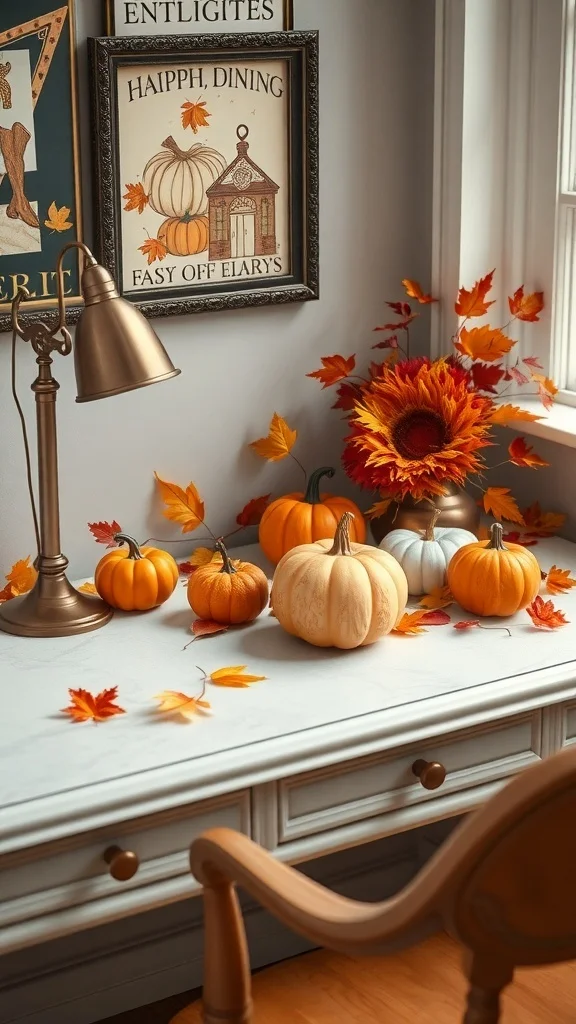 Office desk adorned with various pumpkins and autumn leaves