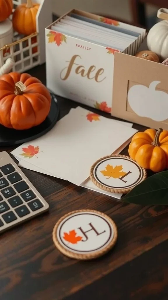 Desk with personalized fall decor including pumpkins and custom coasters