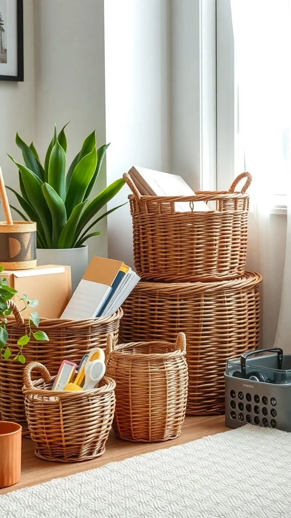 Office space featuring woven baskets for storage with plants and books