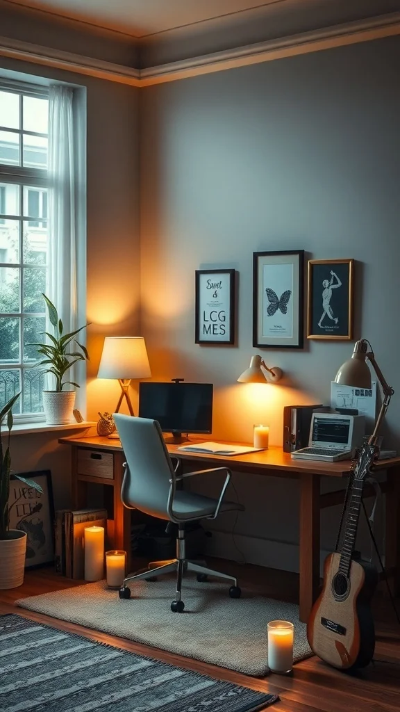 Office space with soft lighting from lamps and candles