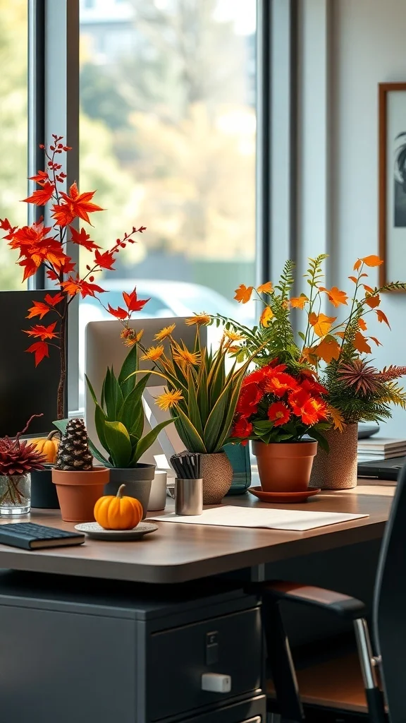 Office decorated with vibrant seasonal plants and fall colors