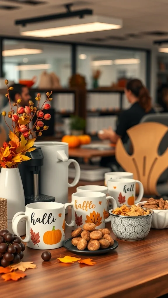 Fall-themed coffee station with mugs, snacks, and autumn decorations