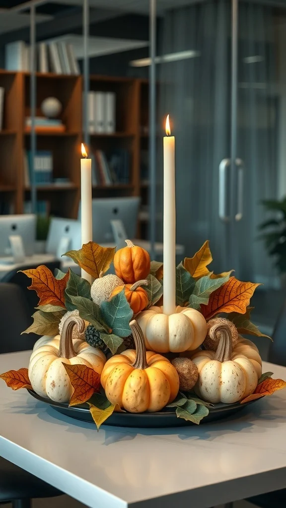 Fall centerpiece with pumpkins, candles, and leaves on office desk