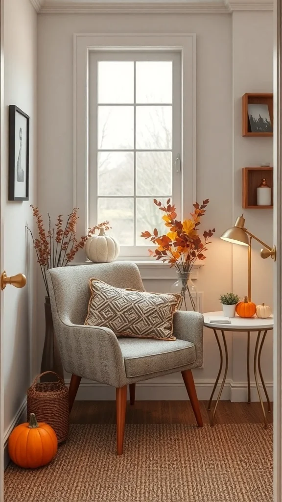 Cozy office corner with plush armchair and fall decor