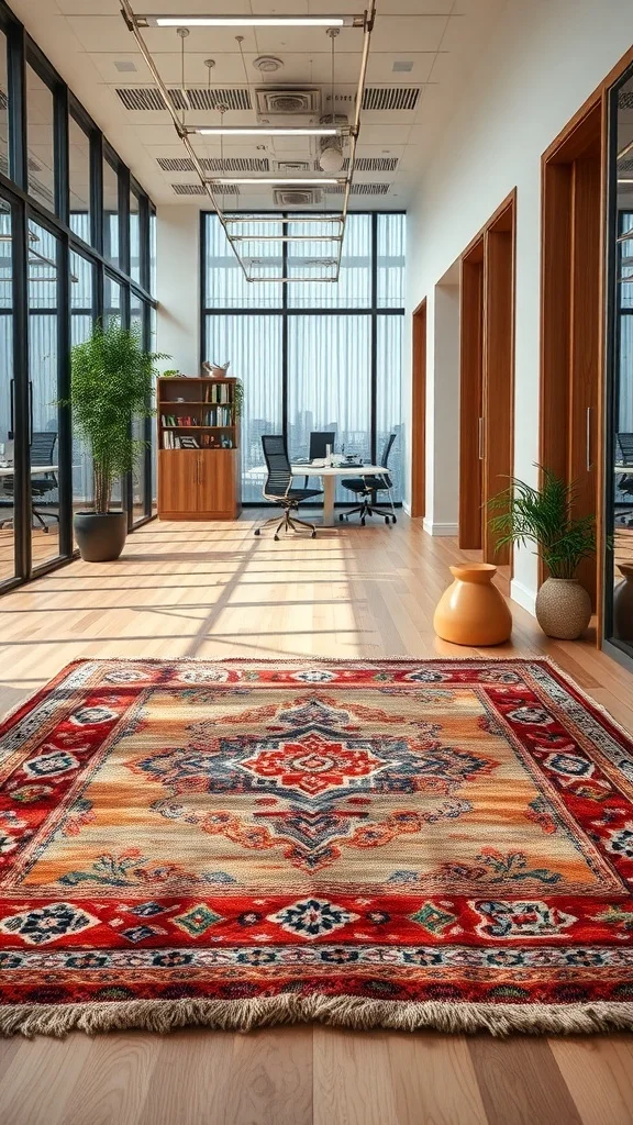 Vibrant patterned rug layered on wooden floor in office