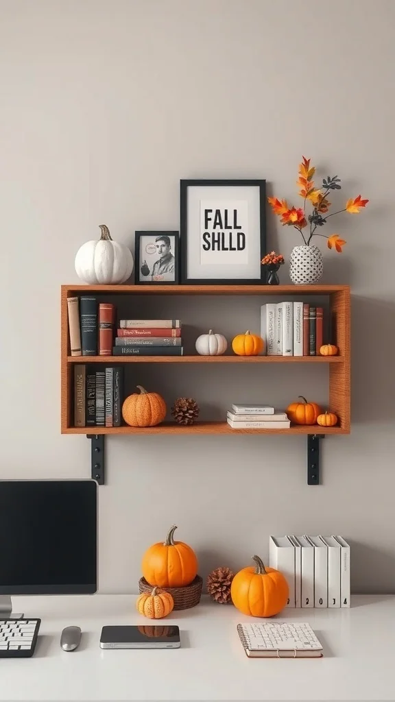Wall shelves decorated with pumpkins, books, and fall-themed prints