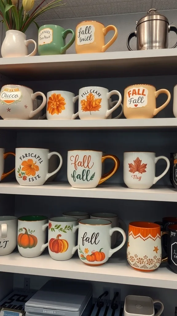 Shelf with colorful fall-themed mugs featuring pumpkins and leaves
