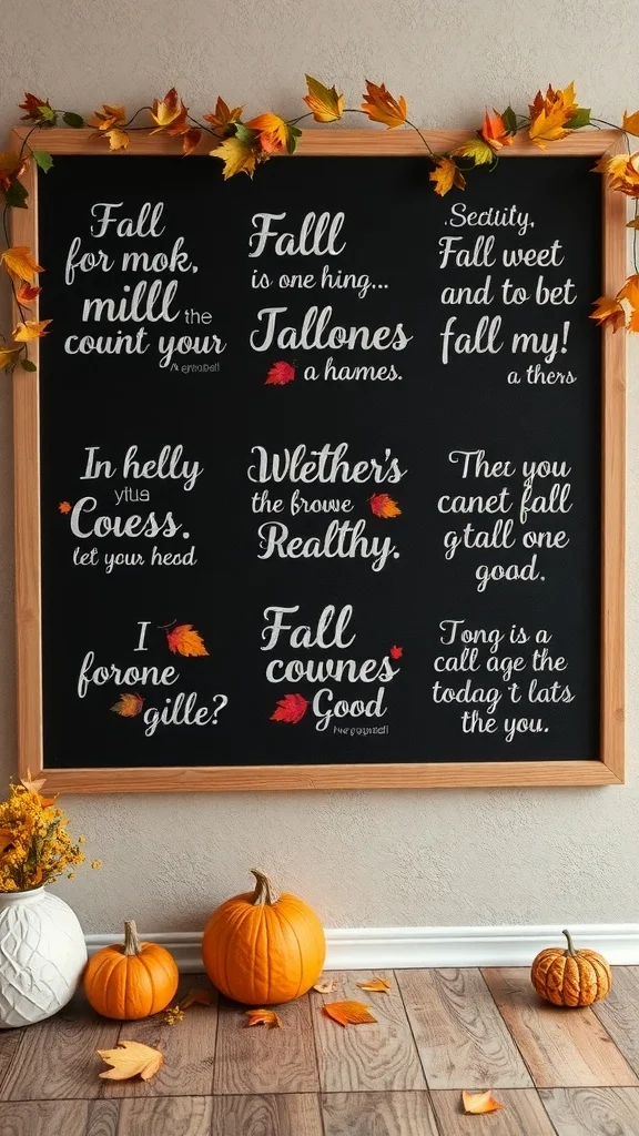 Chalkboard with fall-themed quotes and pumpkins
