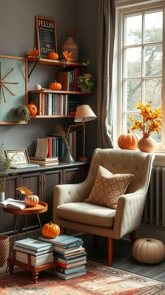 Comfortable chair with books, pumpkins, and fall decor