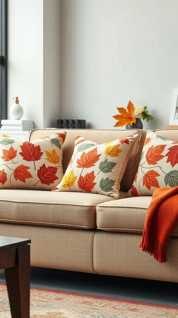 Couch with autumn leaf-themed throw pillows and warm blanket