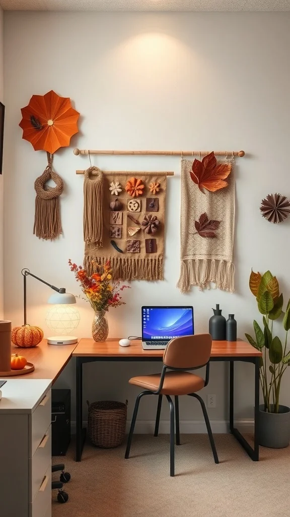 Office with woven wall hangings and autumn decorations