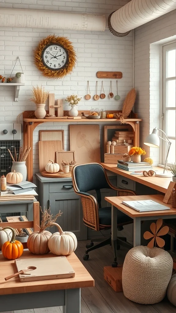 Office with handmade pumpkins, wall clock, and natural decor