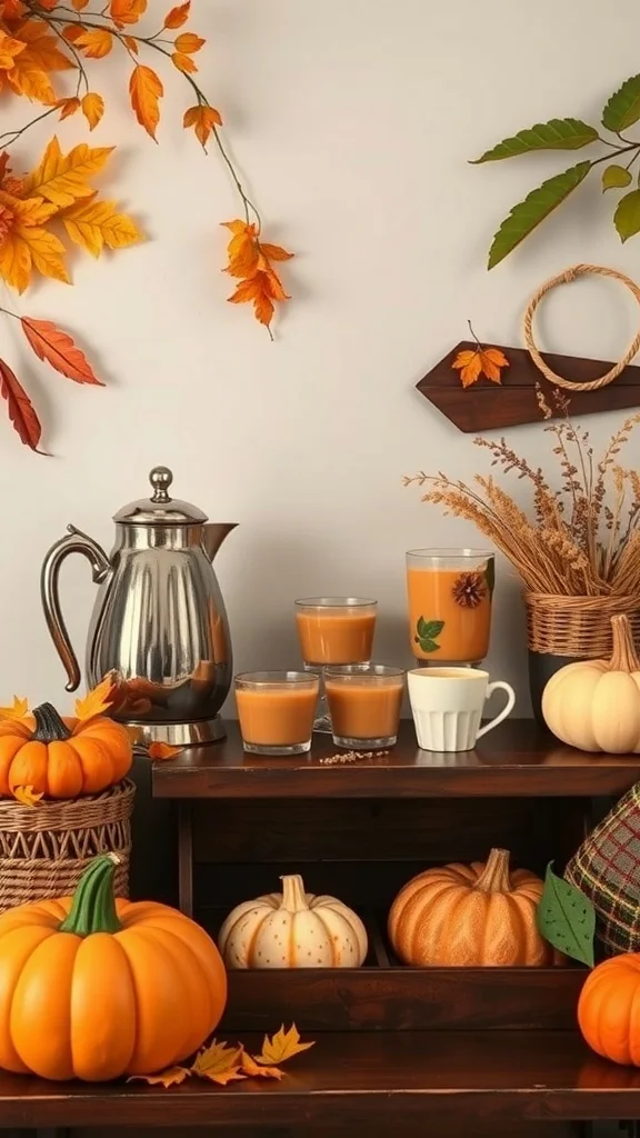 Warm beverage station with coffee pot, spiced drinks, and pumpkins