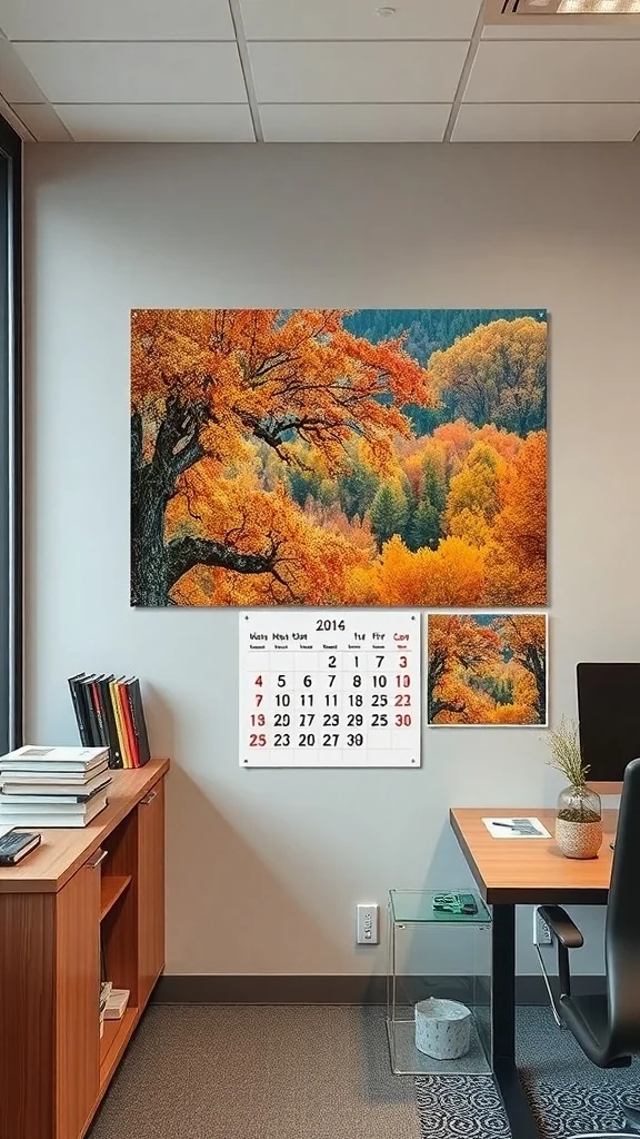 Office wall with fall-themed calendar and autumn tree artwork