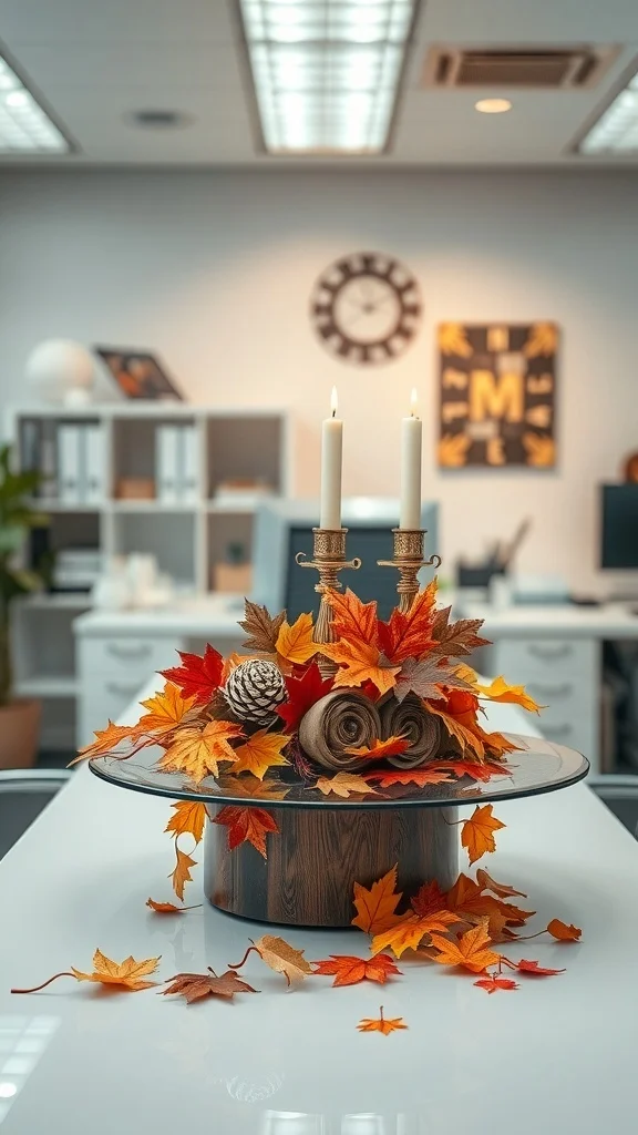 Office table decorated with autumn leaves, candles, and pinecones