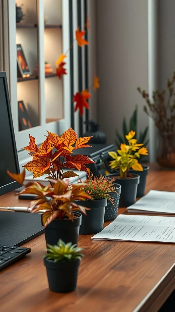 Office desk decorated with autumn-inspired potted plants