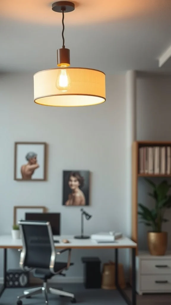 Office with pendant light featuring fabric shade and warm artwork