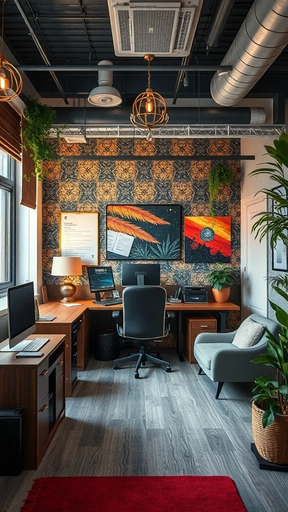 Office with wooden furniture, gray chair, vibrant wall decor, plants, and soft rug