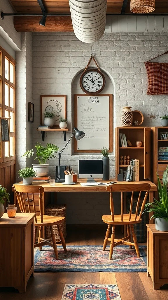 Office with rustic wood furniture, plants, and warm decor