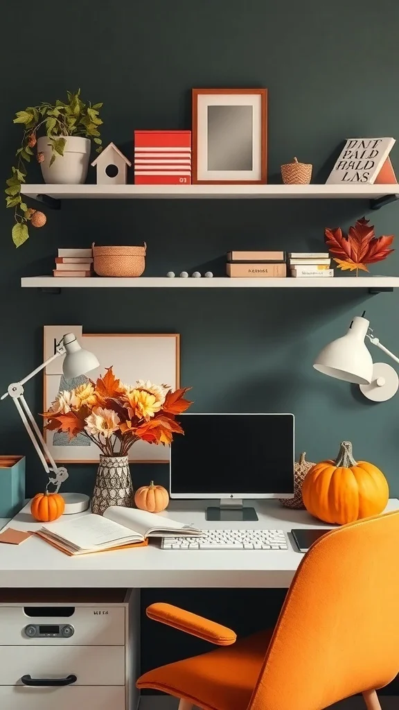 Office with deep green walls, orange chair, pumpkins, and warm decor
