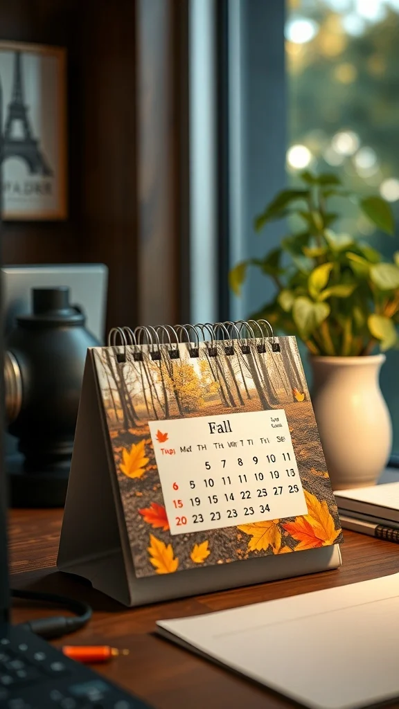 Desk calendar featuring fall month with autumn leaves and scenic background