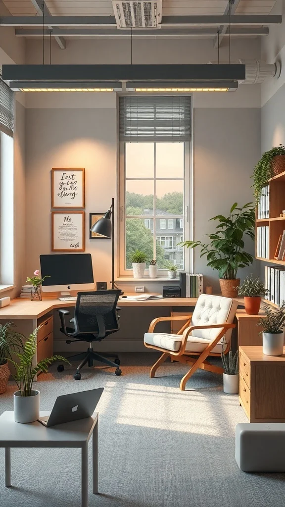 Bright office layout with wooden desk, comfortable chair, plants, and natural light