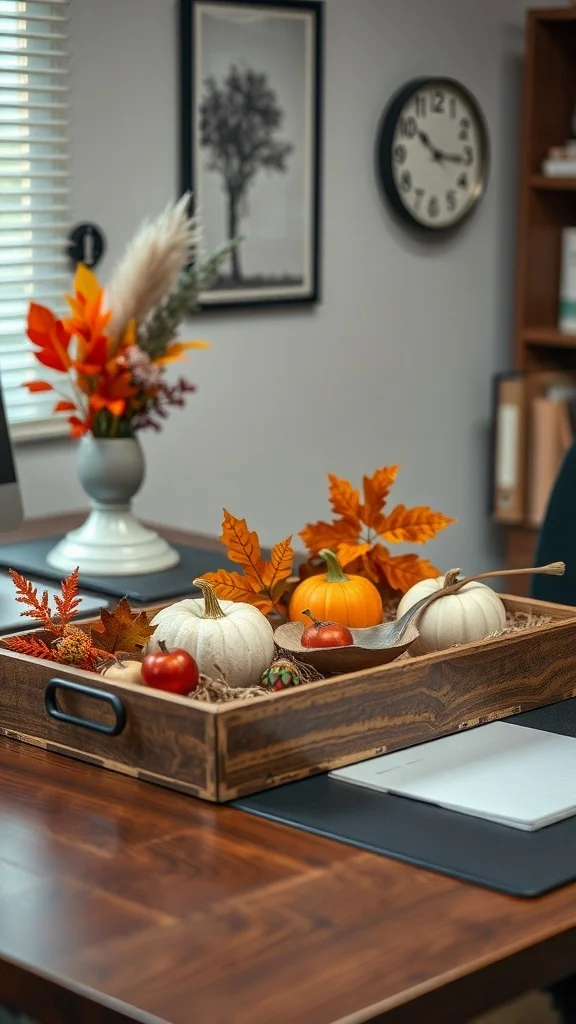 Wooden tray with pumpkins, apples, and autumn leaves on desk