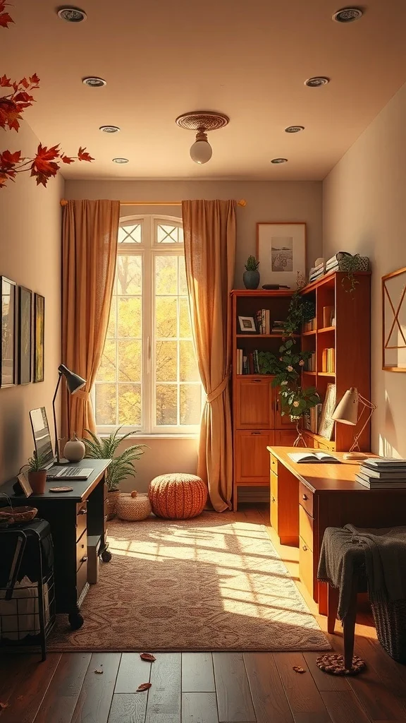Office with warm wood furniture, soft lighting, and autumn decor