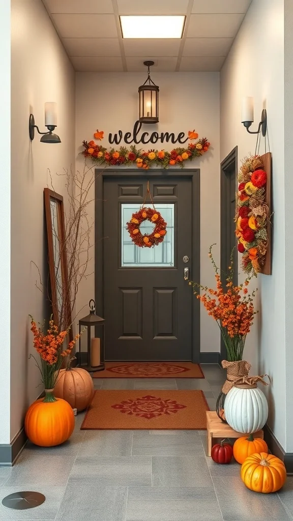 Fall-themed entryway with pumpkins, flowers, and welcome sign