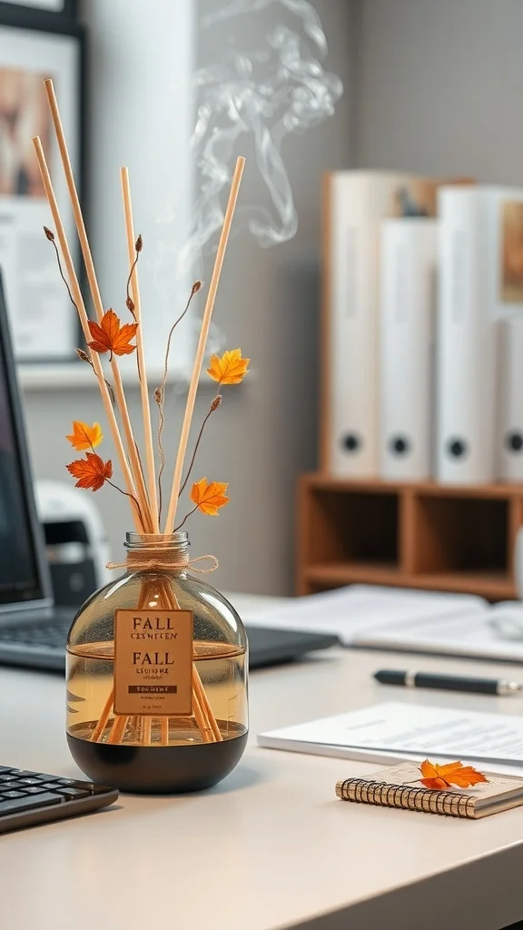 Fragrance diffuser with wooden sticks and autumn leaves on desk