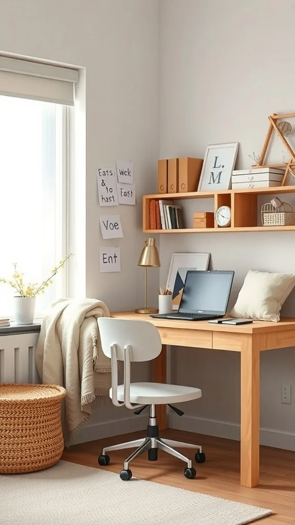Cozy office with wooden desk, comfortable chair, woven basket, and warm decor