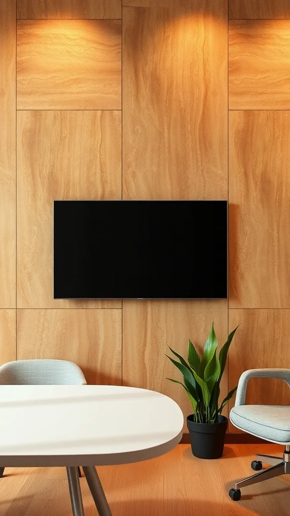 Office with wooden wall panels, soft lighting, and plants