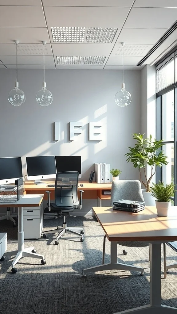 Bright office with modern furniture, plants, and large windows