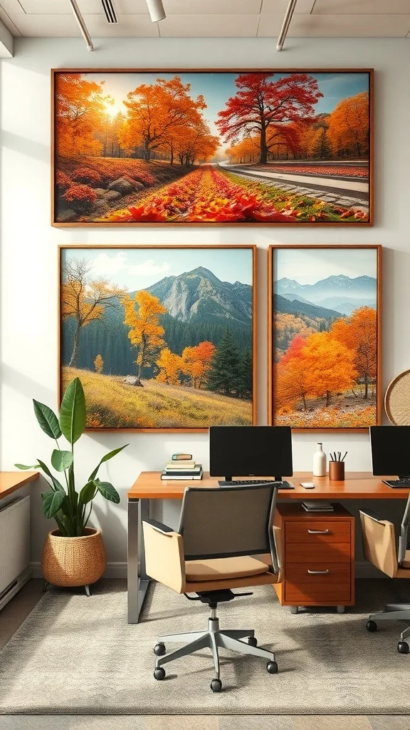 Warm-toned autumn landscape artwork in office