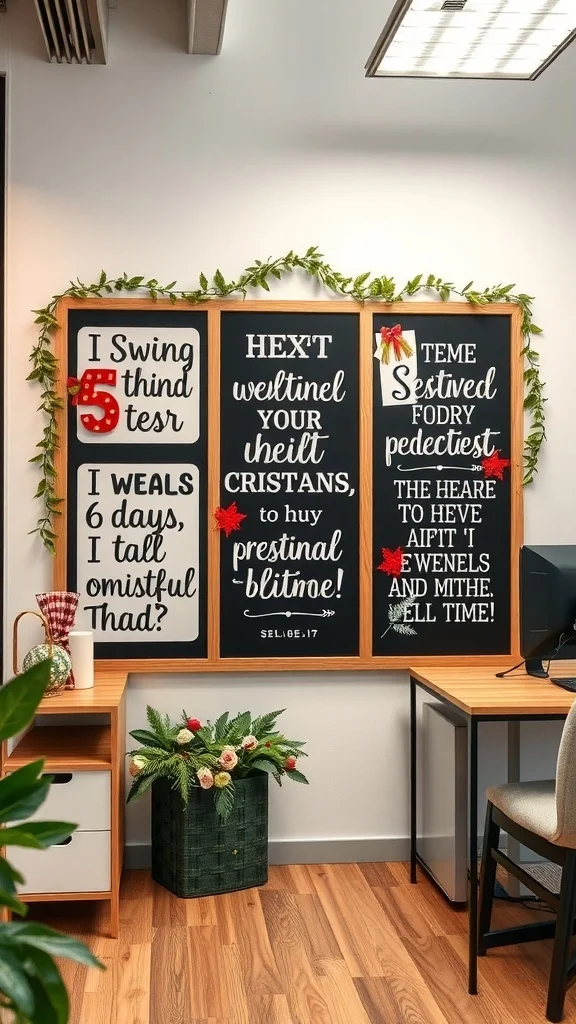 Office wall with framed seasonal quotes and greenery