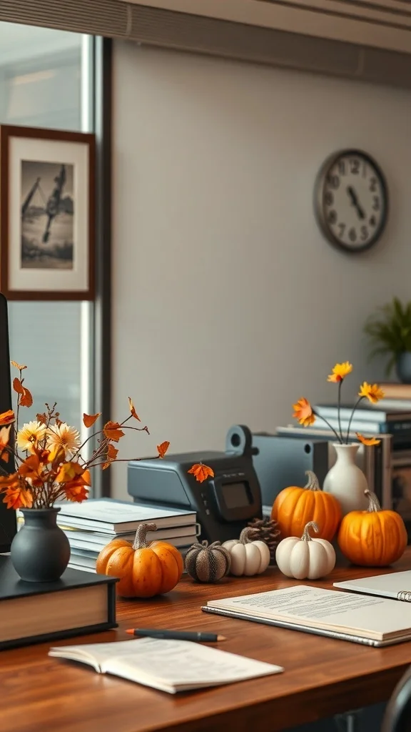Desk decorated with pumpkins, flowers, and personal fall mementos