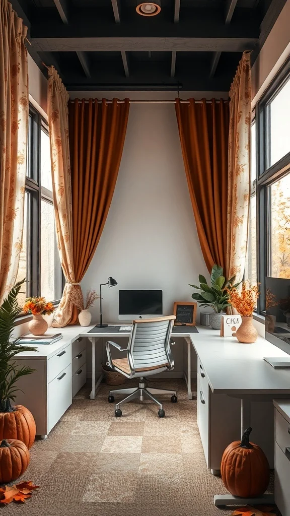 Office with warm curtains, pumpkins, and plants
