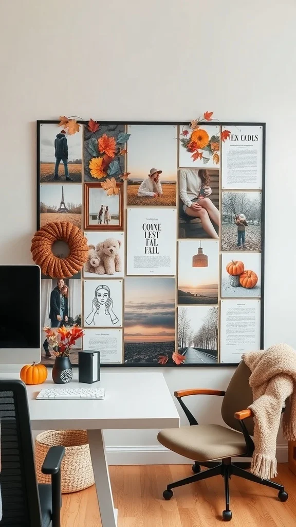 Mood board with autumn-themed photos, decorations, and warm workspace